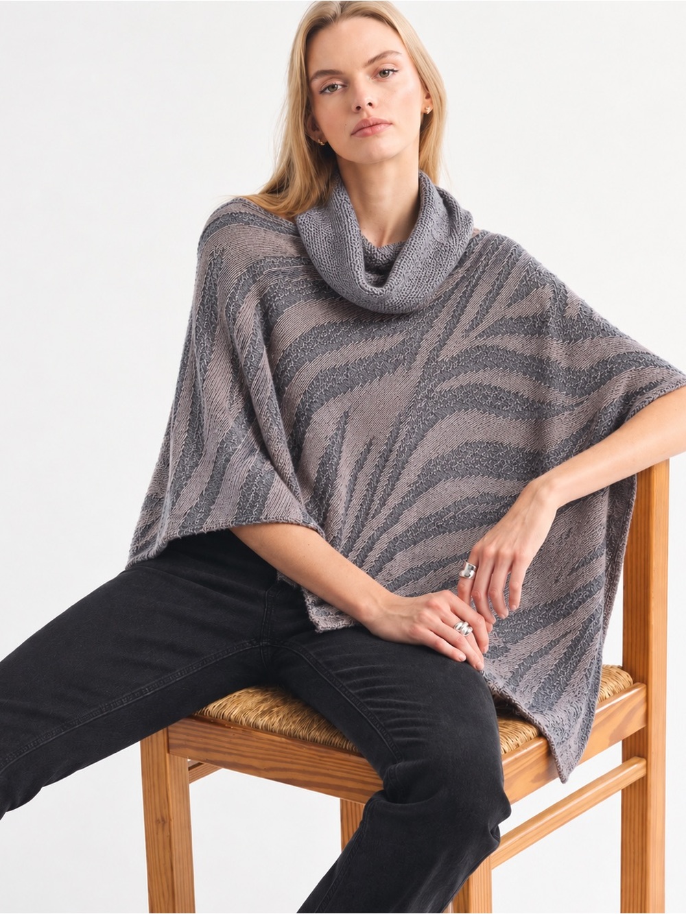 NIC+ZOE Cable Knit Two-Tone Turtleneck Poncho Sweater M/L